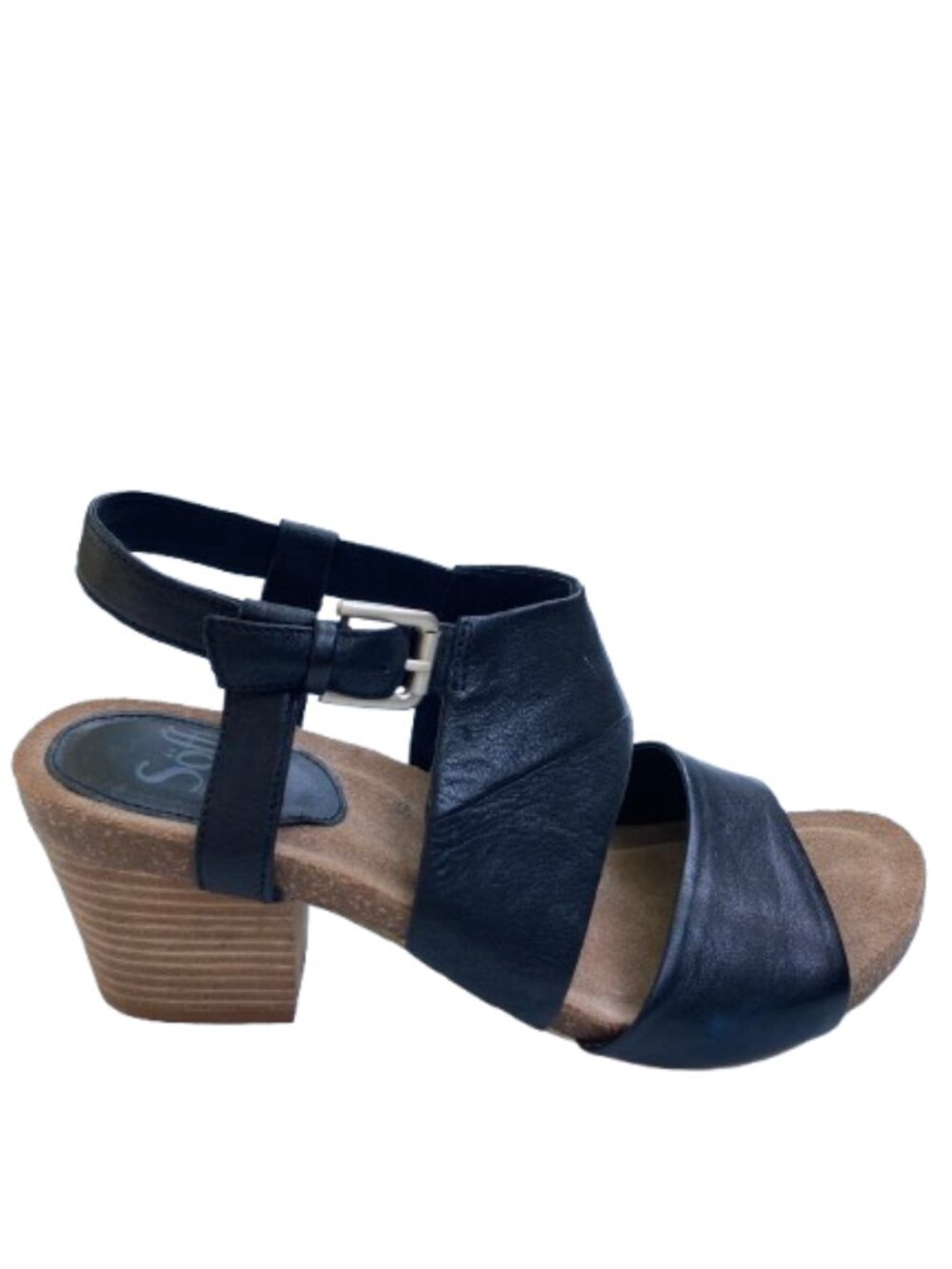 Sofft Black Leather Sandals 3" Stacked Heel Slingback Cushioned Footbed, size 9